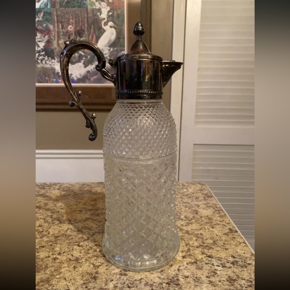 Crystal Carafe Pitcher Silver Plated Lid Pour Spout Cristal Darques Italy - Picture 1 of 6